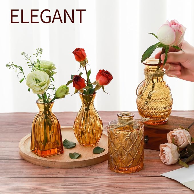 Vintage Small Glass Vases Set of 10,Mini Bud Vases for Flowers,Amber Glass Vases for Centerpieces,Wedding Decorations,Home Table Flower Decor (Amber)