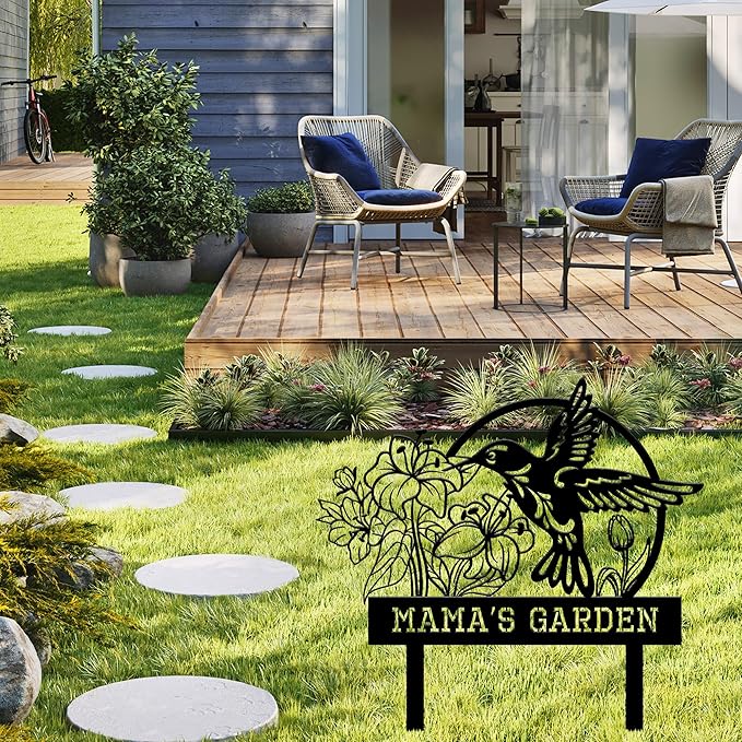 Personalized Garden Signs for Outside, Custom Metal Hummingbird Flowers Garden Decor with Stake, Custom Name Signs Outdoor Yard Patio Backyard Metal Decor Home Gifts