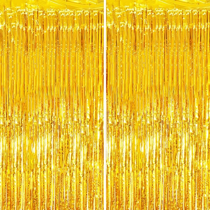 2 Pack Gold Tinsel Foil Fringe Curtains, Gold Party Decorations, Metallic Tinsel Party Streamers Backdrop for Birthday Baby Shower Graduation Wedding New Year Party Decorations