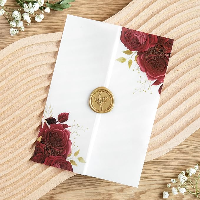 PONATIA 50 Pieces Vellum Jackets for 5x7 Invitation Cards - Red Flowers Printed Vellum Sleeves, Quinceanera Wedding Invitation Cards Wraps, Transparent Christmas Gift Cards Jackets