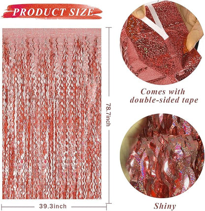 Rose Gold Tinsel Foil Fringe Curtains Wavy Backdrop for Parties Sparkle Metallic Wavy Foil Fringe Backdrop Curtain Photo Booth Props Birthday Graduation Wedding Bachelorette Party Decorations