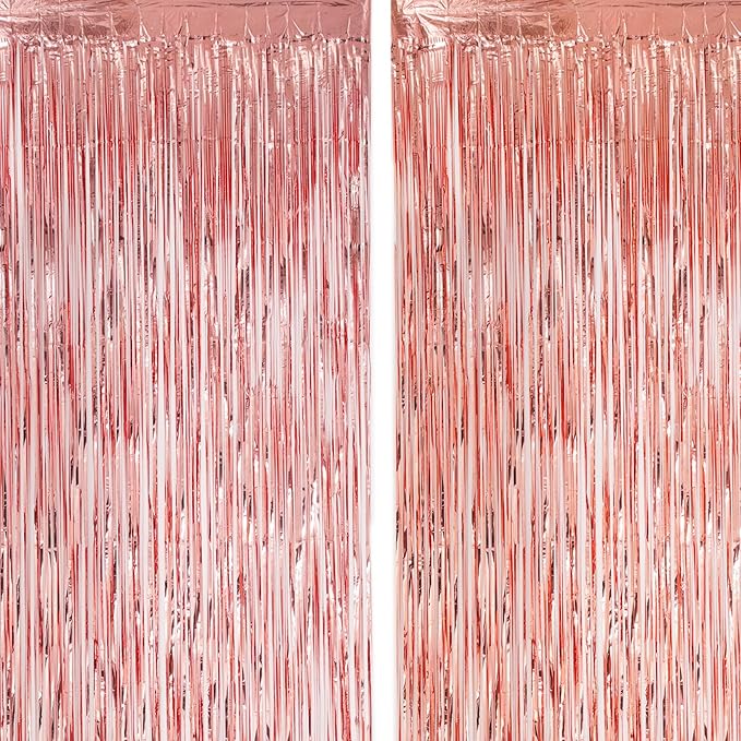 2 Pack Rose Gold Tinsel Foil Fringe Curtains, Rose Gold Party Decorations, Metallic Tinsel Party Streamers Backdrop for Birthday Baby Shower Graduation Wedding Party Decorations