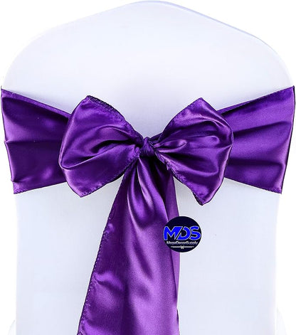 MDS Pack of 100 PCS Satin Chair Sashes Charmeuse Sateen Dining Chair Bows Ribbon Ties Back Sash for Wedding Party Birthday Home Hotel Restaurant Banquet Decoration (7 x 108 Inch, Cadbury Purple)