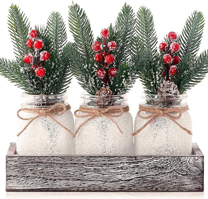 Christmas Centerpieces for Tables, Table Decor with Mason Jar, Flowers Picks, Farmhouse Wood Tray, Christmas Winter Table Decorations Centerpieces, Xmas Holiday, Kitchen, Room, Dining Decor