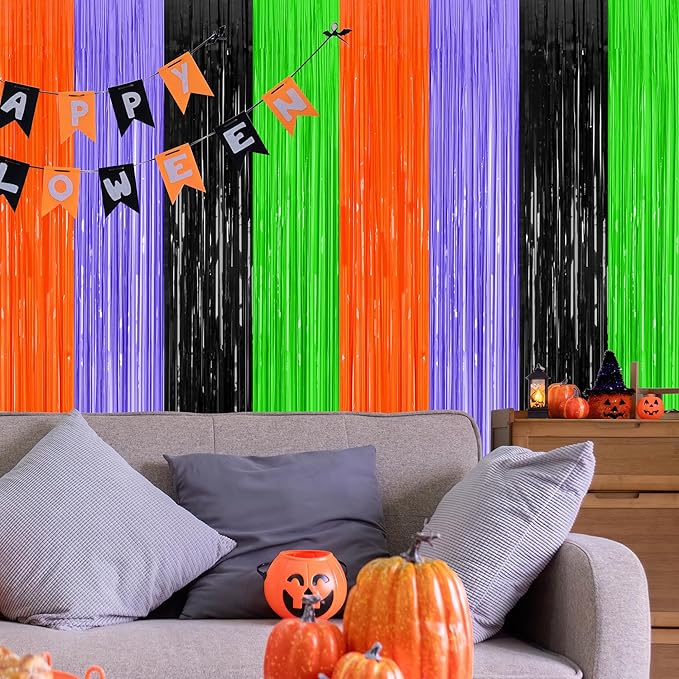 2 Pack Halloween Backdrop, 3.28 FT x 7.05 FT Orange Purple Black Green Party Streamer, Metallic Foil Curtains Tinsel Backdrop, Halloween Party Decorations Photo Props for Door Wall