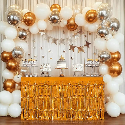 2 Pack Dark Purple Orange Table Skirts, 29x108" Metallic Foil Tinsel Fringe Table Skirt for Rectangle Tables Streamer Curtains Backdrop, Party Decorations for Birthdays, Weddings, Holidays