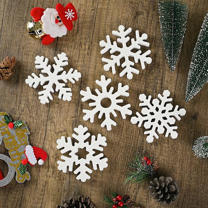 5 Pcs Wooden Christmas Snowflake Sign Winter White Glitter Snowflake Decorations Holiday Wonderland Snowflake Wood Stand Signs for Xmas Party Home Tabletop Tiered Tray Decor