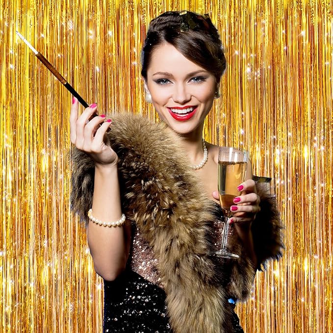 2Pack Gold Party Streamers, Gold Metallic Tinsel Streamers for Birthday Wedding Party Decors Graduation, Baby Shower, Photo Booth Props for Bachelorette Decors Xmas Halloween Party Supplies Backdrop