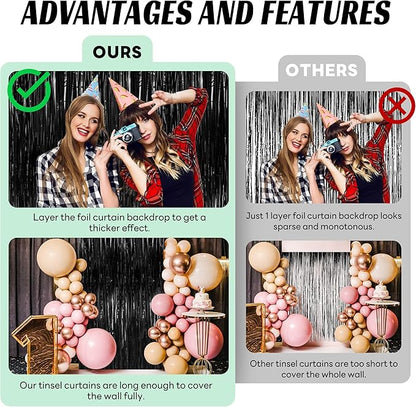 BTSD-home 4 Pack Black Foil Fringe Curtain Backdrop Metallic Photo Booth Backdrop Tinsel Curtains for Bachelorette Birthday Bridal Shower Party Decorations(3ft x 8ft)