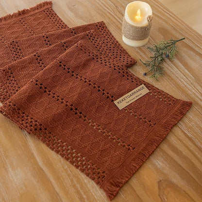 Boho Rust Table Runner for Home Decor 12x72 Inches Farmhouse Macrame Burlap Jute Rustic Dining Kitchen Centerpiece Bohemian Decor French Country Baby Bridal Shower Decorations