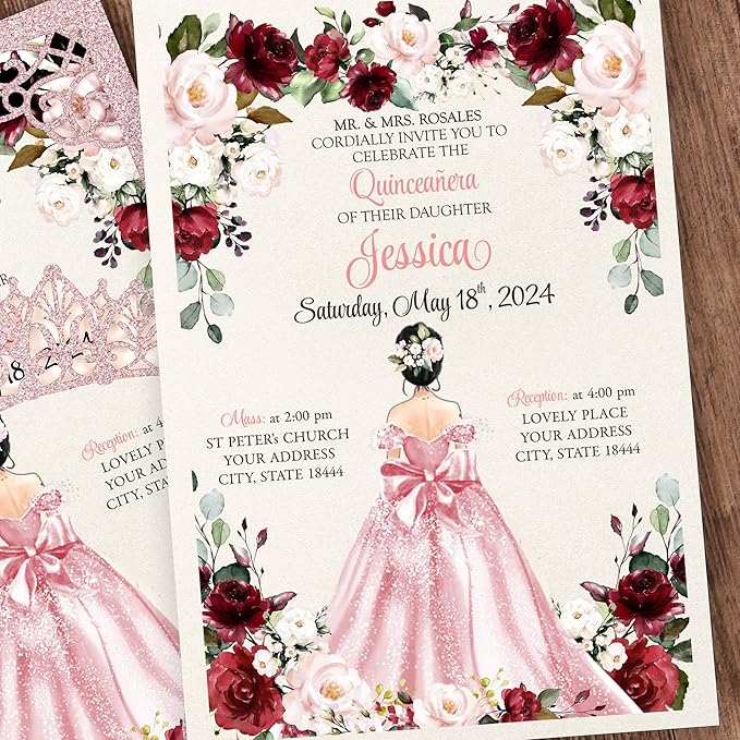 50Pcs Pink Crown Quinceanera Invitation Burgundy for 15 year, Sweet 16, Miss XV, Birthday Laser Cut Quince Invitation Cards Personalized Glitter Pink