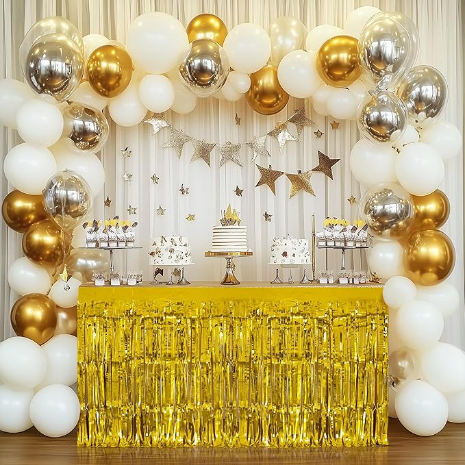 2 Pack Gold Table Skirts, 29x108" Metallic Foil Tinsel Fringe Table Skirts for Rectangle Tables Streamer Curtains Backdrop, Party Decorations for Birthdays Weddings Holidays