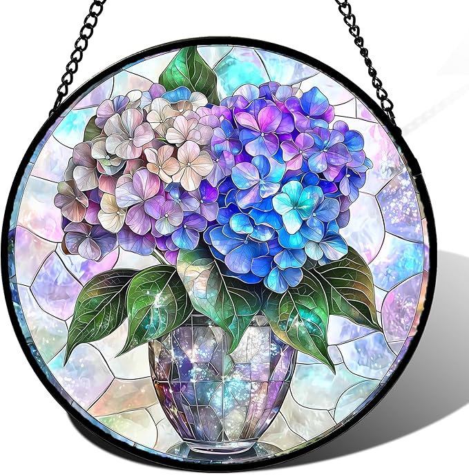 Stained Glass Window Hanging, Blue Purple Hydrangea Flowerpot Suncatcher for Doors Home Sun Catchers Decoration and Christmas, Mother's Day Birthday Gifts for Women, Men, and Mom 14.9 in