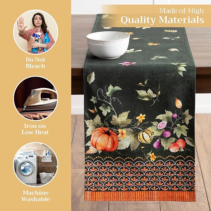 Maison d' Hermine Table Runner 100% Cotton Double Layer Table Runners 108 inches Long for Thanksgiving Christmas Decorations Home Kitchen Dining Wedding (Pumpkin Garden - Dark Green, 14.5" x 108")