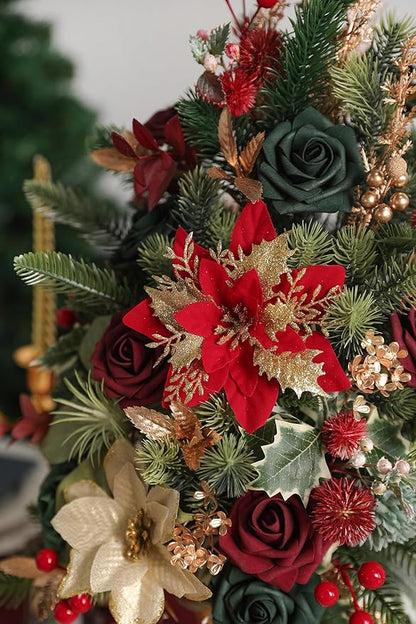 Serra Flora Artificial Christmas Flowers Greenery Combo Box Set Faux Flowers Bulk Flower Leaf with Stems for DIY Tree Ornaments Xmas Wreath Floral Arrangements Centerpieces