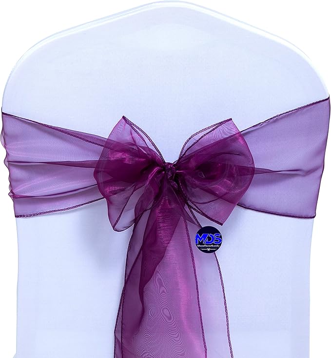 MDS Pack of 200 PCS Organza Chair Sashes Wider Dining Chair Bows Ribbon Tie Back for Wedding Party Birthday Bridal Shower Reception Event Banquet Home Chair Cover Decoration - Eggplant