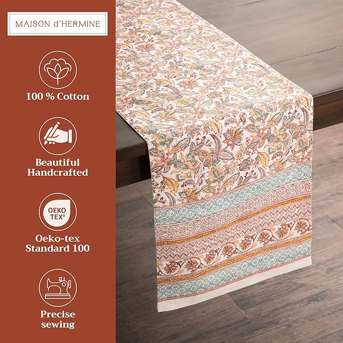 Maison d' Hermine Table Runner 100% Cotton Double Layer Table Runners 72 inches Long for Thanksgiving Christmas Decorations Home Kitchen Dining Party Wedding (Nila, 14.5" x 72")