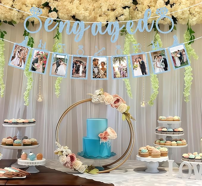 Pre-Strung Engaged Photo Banner - Light Blue Glitter Engagement Party Decoration Supplies with Romantic Memories Picture Card Frames for Bachelorette, Bridal Shower, Wedding Party Photo Booth Props