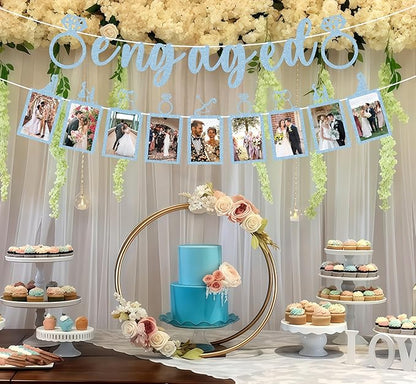 Pre-Strung Engaged Photo Banner - Light Blue Glitter Engagement Party Decoration Supplies with Romantic Memories Picture Card Frames for Bachelorette, Bridal Shower, Wedding Party Photo Booth Props