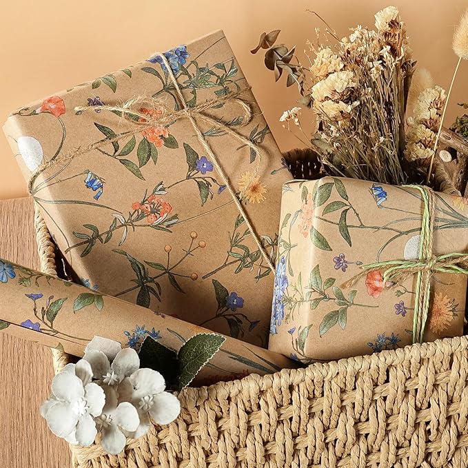 WRAPAHOLIC Kraft Floral Wrapping Paper Roll - Mini Roll - 17 Inch x 33 Feet - Wildflower Wrapping Paper Perfect for Girls Women Birthday, Wedding, Bridal Shower