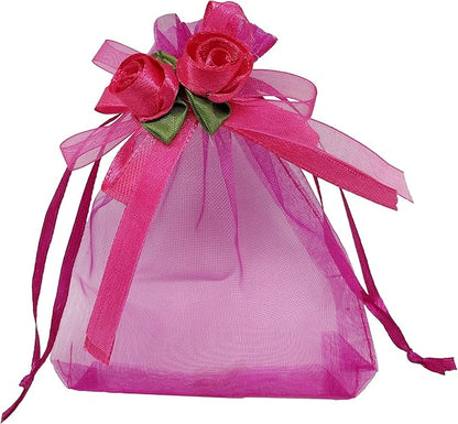 Ankirol 50pcs Sheer Organza Favor Bags For Wedding 3.8x4.8'' Gift Bags Samples Display Drawstring Rose Pouches (hot pink)