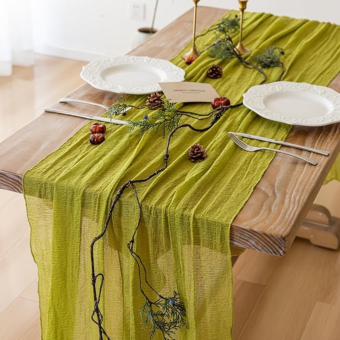 3pcs Moss Green Cheesecloth Table Runner Gauze 120 Inch 10 FT Rustic Boho Cheese Cloth Runner for Wedding Baby Shower Bridal Shower Birthday Party Long Sheer Home Decorations