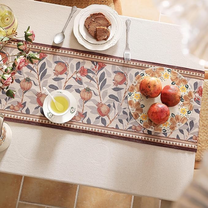 patdrea Designer Vintage SaddleBrown Linen Table Runner 102 Inch Long, Pomegranates Pattern Table Mat, Decoration for Kitchen Dining Table Coffee Table Shelf Cabinet Banquet Christmas ,12"*102"