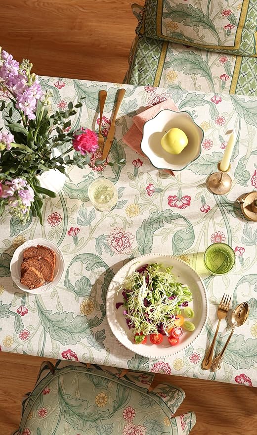patdrea Designer French Vintage Rectangle Tablecloth,Green Linen Leaves Pattern Table Cloth,Decoration Floral Table Cover for Kitchen Dining Christmas,Thanksgiving,Party,63"x87"-Cecilia a