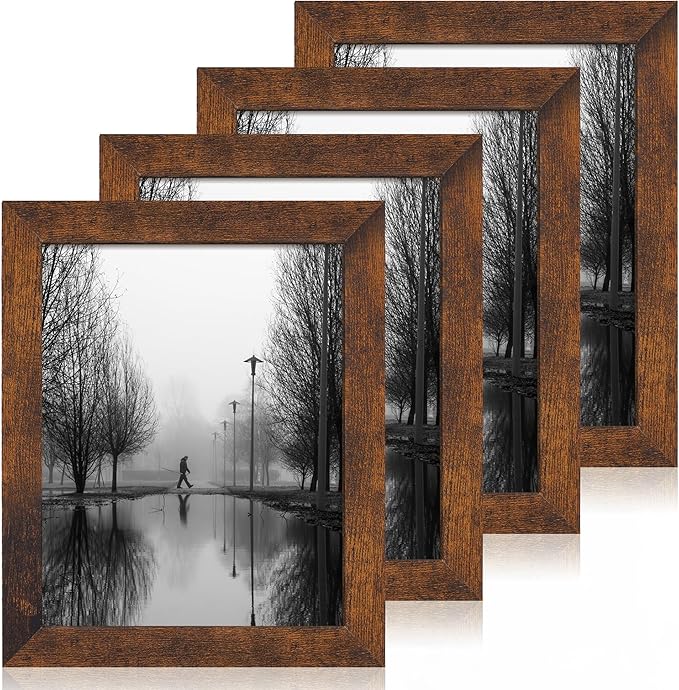 8.5x11 Picture Frame Set of 4, High Definition Real Glass Rustic Frame, Wood Photo Frames 8.5 by 11 Diploma Document for Wall Hanging and Tabletop Display
