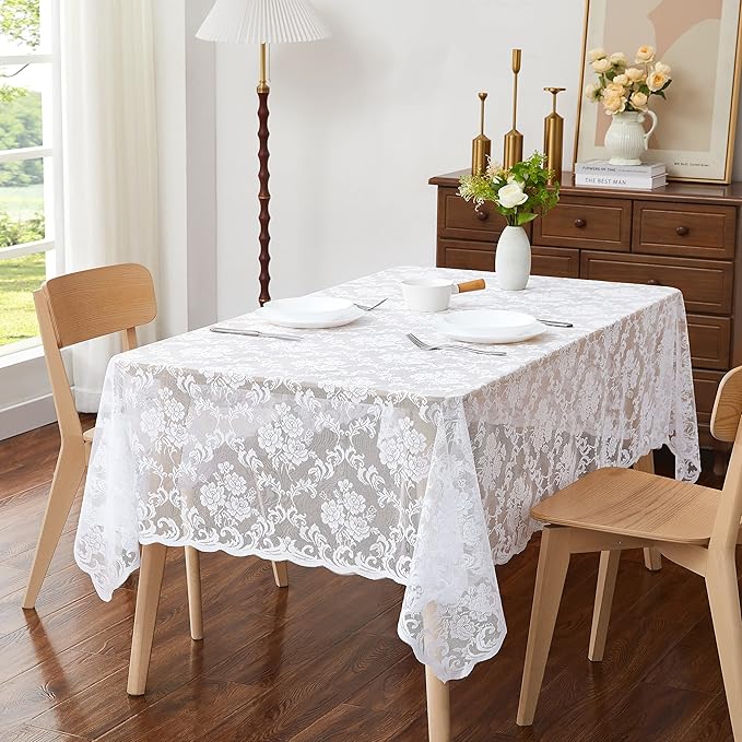 LinenZone White Rectangle Tablecloth for Rustic Vintage Decor. Sheer Lace Works Great As Wedding, Thanksgiving or Christmas Tablecloth (Mia TC 60 x 84, White)