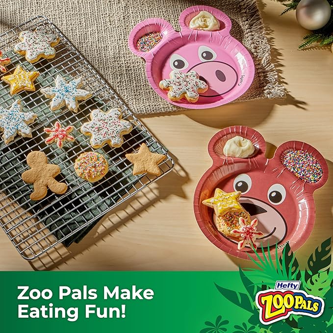 Hefty Zoo Pals Party Edition Paper Plates for Kids, Assorted Animal Designs, 7.75 Inches with Two Dipping Compartments, Multi-Color, 20 Count