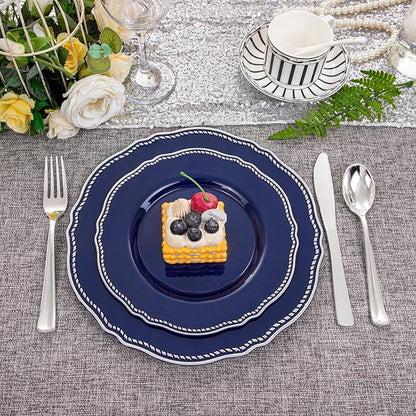 Hioasis 60pcs Blue Plastic Plates - Blue and Silver Disposable Dinnerware with Gold Rim, Heavy-duty, 7.5 inch, Dessert Plates for Party & Wedding