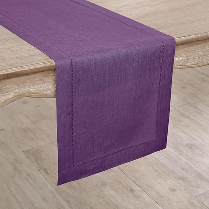 Solino Home Linen Purple Table Runner 132 Inches Long - 100% Pure Linen Extra Long Table Runner 14 x 132 Inch for Fall, Autumn, Halloween, Thanksgiving - Classic Hemstitch