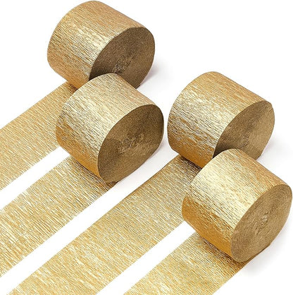 PartyWoo Gold Crepe Paper Streamers 4pcs 328ft Pack of Gold Crepe Paper for Wedding Birthday Baby Shower Engagement Anniversary New Year Eve Graduation Party Decorations(1.8 Inchx82 Ft/Roll)