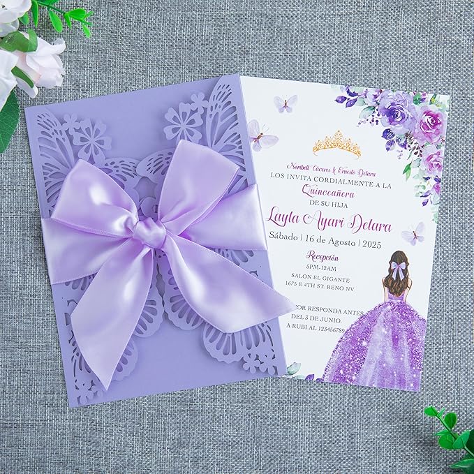 20 PCS 5.12x7.2 Butterfly Personalized Quinceanera Invitation, Customized XV Anos Laser Cut Invitation Cards with Envelopes (Violet Personalized)