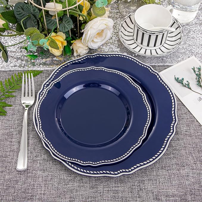 Hioasis 60pcs Blue Plastic Plates - Blue and Silver Disposable Dinnerware with Gold Rim, Heavy-duty, 7.5 inch, Dessert Plates for Party & Wedding