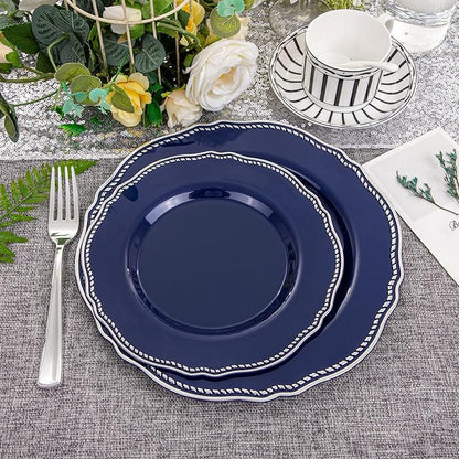 Hioasis 60pcs Blue Plastic Plates - Blue and Silver Disposable Dinnerware with Gold Rim, Heavy-duty, 7.5 inch, Dessert Plates for Party & Wedding