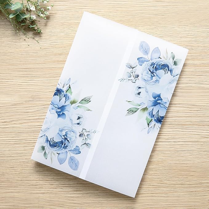 PONATIA 50PCS Vellum Jackets for 5x7 Invitation Cards- 135GSM Light Blue Floral Printed Vellum Sleeves, Quinceanera Wedding Invitation Cards Wraps, Transparent Christmas Gift Cards Jackets