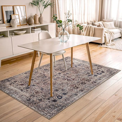 Bloom Rugs Washable Non-Slip 4' x 6' Rug - Light Tan/Blue Traditional Oriental Area Rug for Living Room, Bedroom, Dining Room, and Kitchen - Exact Size: 4' x 6'