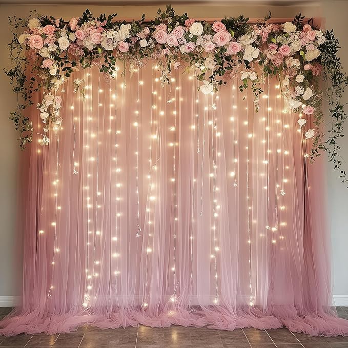 Fomcet Dusty Rose Tulle Backdrop Curtains with Lights String 10FT X 10FT Sheer Curtains with Lights Tulle Curtain Backdrop for Wedding Birthday Party Photo Shoot (2 Panels 5x10FT)