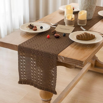 Boho Brown Table Runner for Home Decor 12x90 Inches Farmhouse Macrame Burlap Jute Rustic Dining Kitchen Centerpiece Bohemian Decor French Country Baby Bridal Shower Decorations
