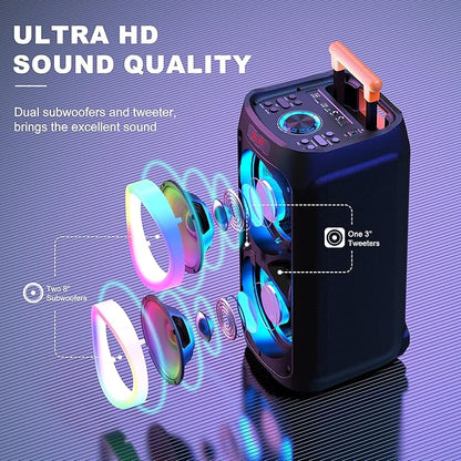 JYX Karaoke Machine with 2 Wireless Microphones, 8" Big Portable Bluetooth Speaker for Adults with RGB Light PA System Treble & Bass, Support TWS/USB/AUX/TF Card/REC, for Home Party Outdoors
