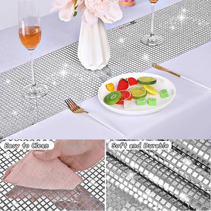 durony 2 Pack Disco Party Table Runner 11 x 108 Inch Mirror Silver Glitter Foil with Sparkle Sequin Table Runner for 70s Bachelorette Parties Disco Cowgirl Party Decorations