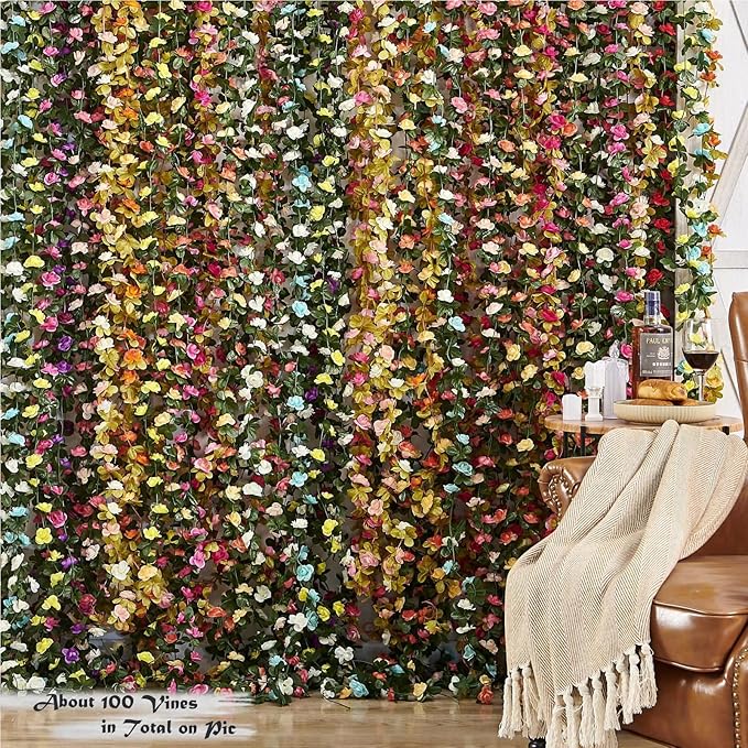 8 Pcs x 8.2 ft Flower Garland Artificial Rose Vine Flowers with Green Leaves Hanging Fake Roses Vine for Room Party Home Wedding Birthday Christmas Wall Arch Decor, Spring Pink Flower