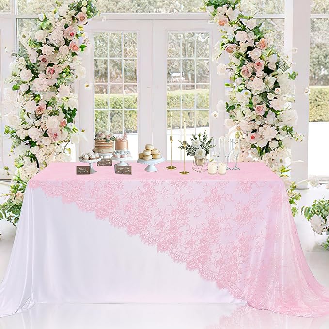 LuoluoHouse Pink Lace Table Cloth 60x120inch 2Pcs for Decorations Wedding Baby Shower