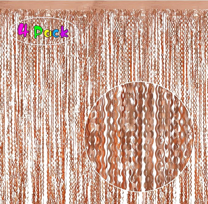 4 Pack Rose Gold Backdrop Birthday Decorations - 3.3x6.6ft Wavy Tinsel Foil Backdrop Party Streamer Party Supplies Background | Tinsel Curtain Backdrop for Parties