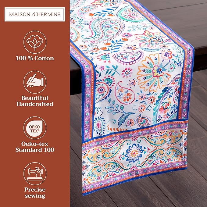 Maison d' Hermine Table Runner 100% Cotton Double Layer Table Runners 108 inches Long Decorative for Home Kitchen Dining Party Wedding Bridal Shower Spring Summer (Indian Floral, 14.50" x 108")