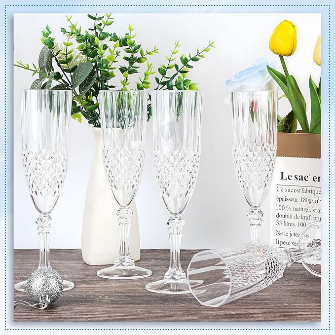 Plastic Champagne Flutes, 48PCS Transparent White Wine Glasses Goblets Cups Shatterproof Reusable Flute for Weddings Bachelor Parties Toasting and Events(48, Transparent)