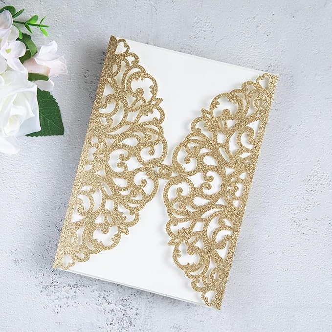 20Pcs Gold Glitter Laser Cut Invitation Cards With Blank Inner Sheets for Wedding Cards Bridal Shower Engagement Quinceanera Invitation (No Envelopes)