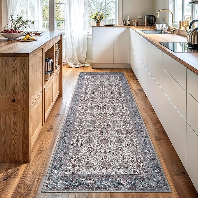 Bloom Rugs Washable Non-Slip 7 ft Runner - Teal/Blue/Beige Traditional Oriental Runner for Entryway, Hallway, Bathroom, and Kitchen - Exact Size: 2.5' x 7'